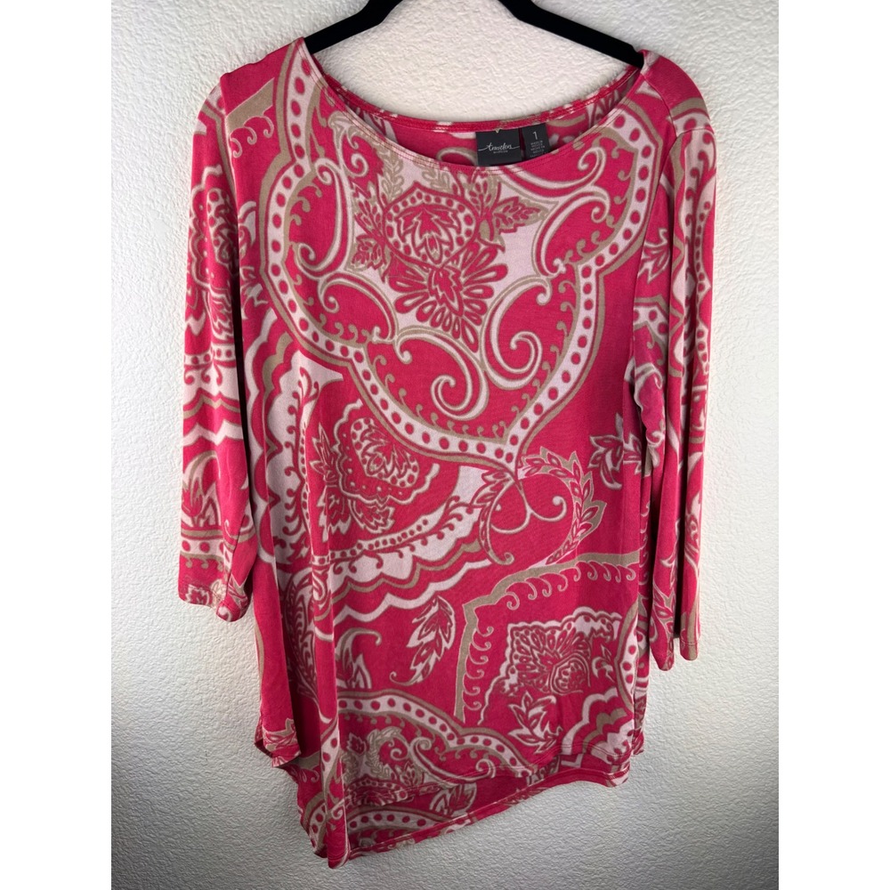 Travelers Chicos Womens Top Paisley Print 3/4 Sleeve Asymmetrical Size 1 M‎